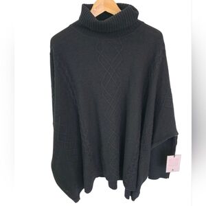 NWT Tabitha Webb Turtleneck Poncho Sweater Wool Blend Cable Knit Black Size L/XL